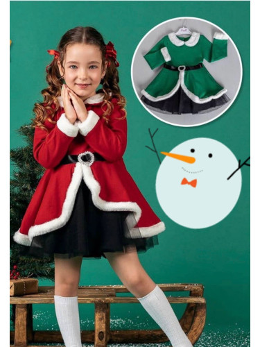 Детска изрязана коледна рокля с дълъг ръкав в червено с бяла пухкава я