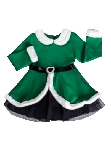 Детска изрязана коледна рокля с дълъг ръкав в зелено с бяла пухкава я