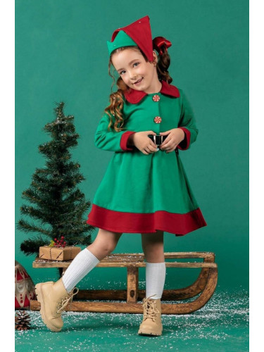 Детска коледна рокля в зелено и червено с черен колан, шарени копчета 