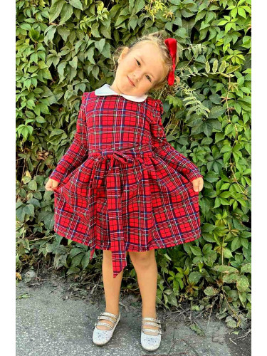 Детска рокля Карена с дълъг ръкав в червено каре с карирано коланче и 