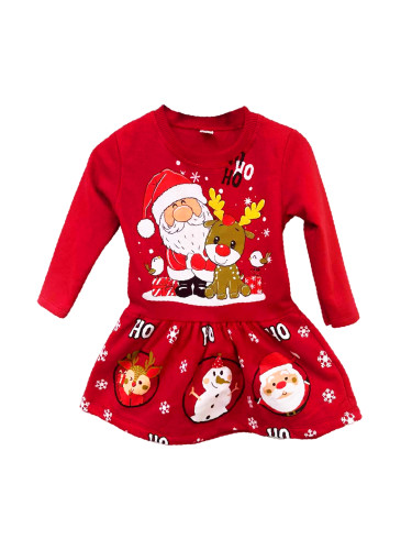 Коледна детска рокля в червено с малко еленче, птиченца и Дядо Коледа 