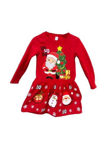 Коледна детска рокля в червено с Дядо Коледа с подаръци и елха 4543450