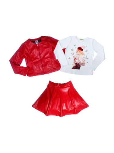 Комплект от 3 части - блуза в бяло с момиче, кожена пола в червено и к