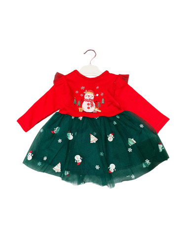 Коледна бебешка рокля в червено със снежен човек и шарен тюл в зелено