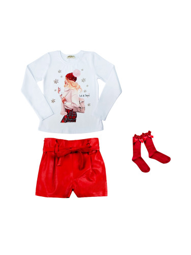 Комплект от 3 части - детска блузка в бяло с коледна картинка на момич