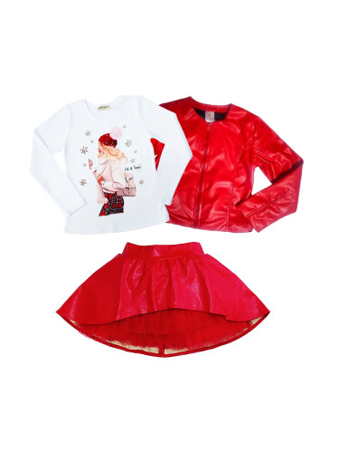 Комплект от 3 части - блуза в бяло с момиче,изрязана кожена пола в че