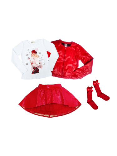 Комплект от 4 части - блуза в бяло с момиче,изрязана кожена пола в че