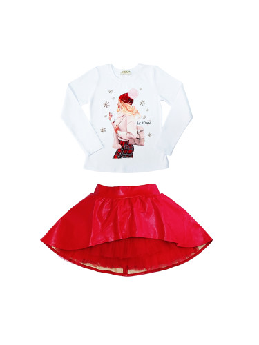 Комплект от блуза в бяло с дълъг ръкав с момиче и кожена пола в червен