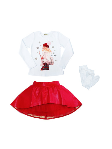 Комплект от блуза в бяло с дълъг ръкав с момиче, кожена пола в червено