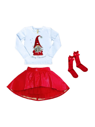 Комплект от блуза в бяло с дълъг ръкав с момиче, кожена пола в червено