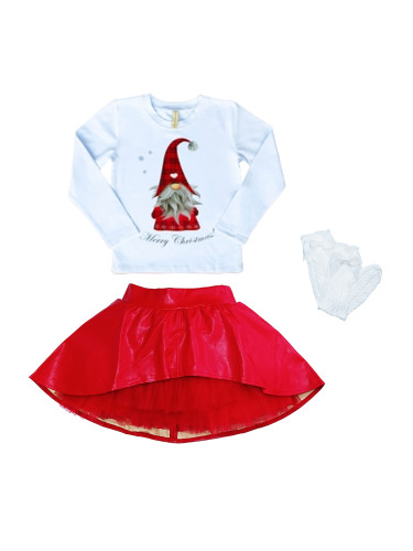 Комплект от блуза в бяло с дълъг ръкав с момиче, кожена пола в червено