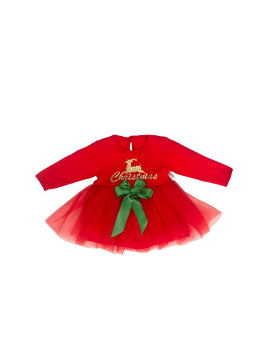 Бебешка/детска коледна рокля в червено с дълъг ръкав и елен в златисто