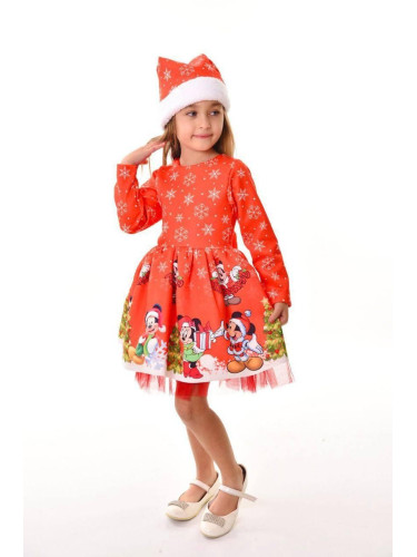 Детска коледна рокля с дълъг ръкав в червено с коледна шапка с тюл отд