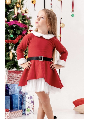 Детска коледна рокля с дълъг ръкав в червено с бяла пухкава якичка и б