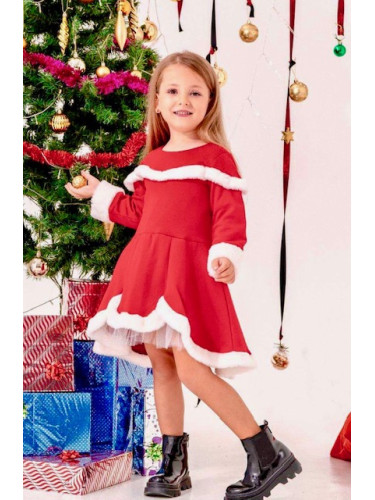 Детска коледна рокля с дълъг ръкав в червено с бяла пухкава якичка 522