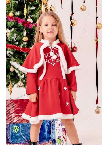 Детска коледна рокля Сандра с дълъг ръкав в червено с наметало и снежи