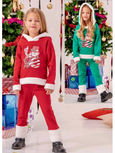 Коледен комплект в зелено с надпис и снежен човек и качулка