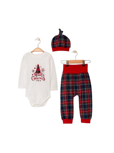 Бебешки коледен комплект от 3 части-боди в бяло, панталони и шапка кар