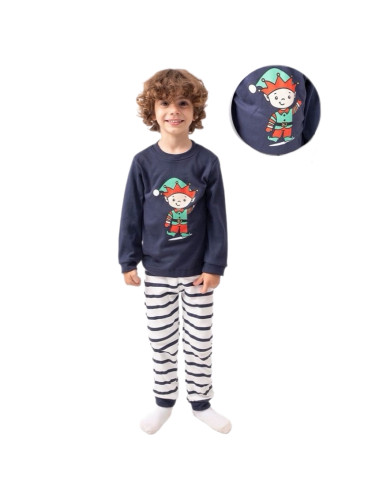 Детска коледна пижама за момче с коледен елф в тъмносиньо