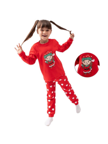 Коледна детска пижама за момиче с коледен елф в червено
