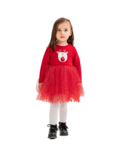 Бебешка коледна рокля за момиче в червено с еленче и тюл с блясък