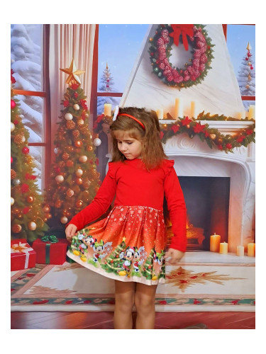 Ватирана коледна рокля за момиче в червено с коледна картинка на Мини 