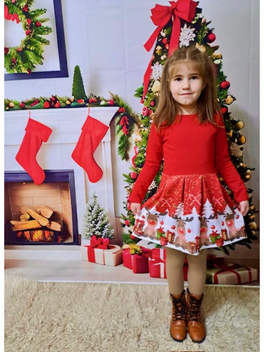 Ватирана коледна рокля за момиче в червено с коледна картинки на еленч