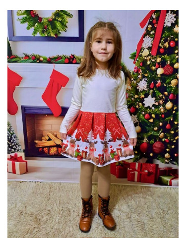 Ватирана коледна рокля за момиче в екрю и червено с коледна картинки н