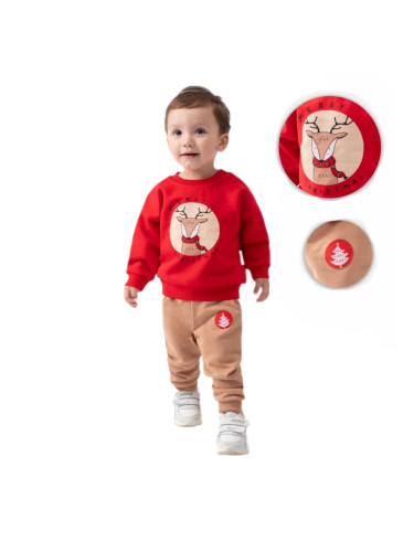 Ватиран коледен бебешки комплект от блуза в червено с еленче и пантало
