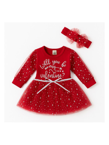 Бебешка коледна рокля с дълъг ръкав в червено с тюл на звездички и под