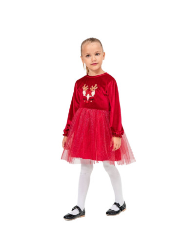 Бебешка/детска коледна рокля за момиче в червено кадифе с еленче и тюл