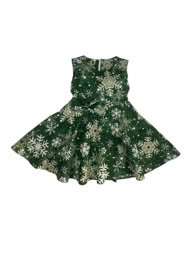 Детска коледна рокля в зелено със снежинки в бяло