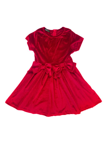 Коледна детска рокля от кадифе с къс ръкав в червено с две панделки от