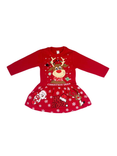 Ватирана коледна детска рокля в червено с еленчето Рудолф и снежинки