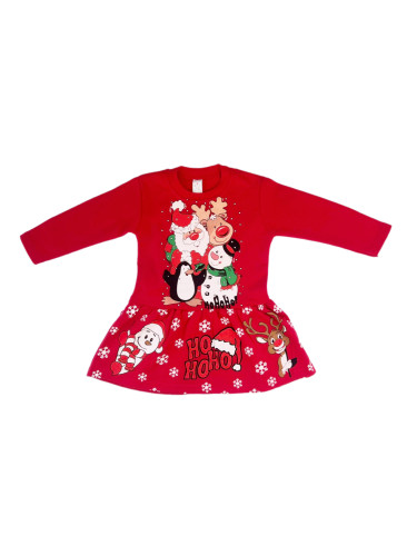 Ватирана коледна детска рокля в червено с Дядо Коледа и приятели