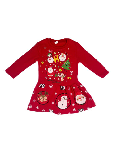 Ватирана коледна детска рокля в червено с коледна картинка с надпис