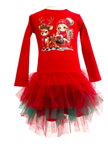 Ватирана коледна рокля в червено с еленче и момиченце и тюл в червено 