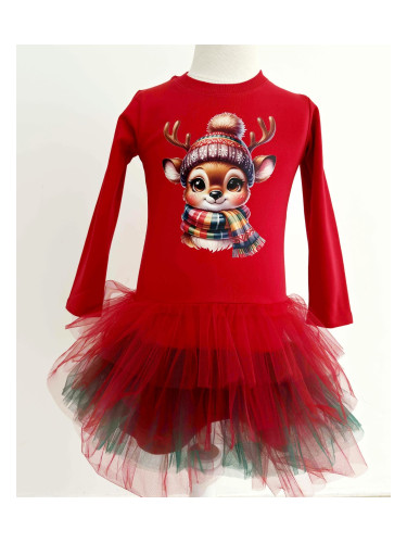 Ватирана коледна рокля в червено и зелено с тюл с еленче с шал