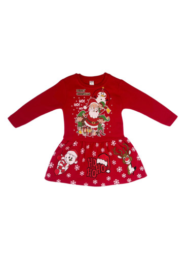 Ватирана коледна детска рокля в червено с Дядо Коледа и джуджета