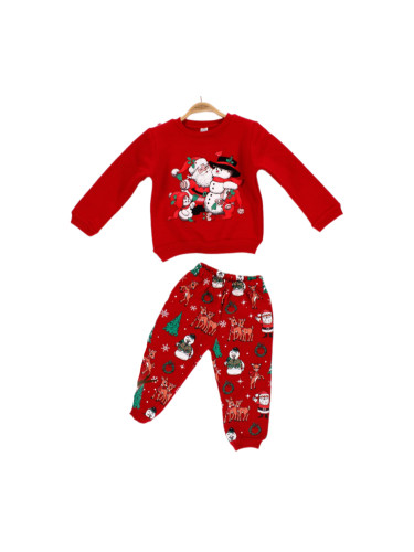 Ватиран коледен бебешки/детски комплект в червено от блуза и долнище с
