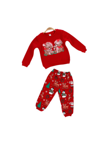 Ватиран коледен бебешки/детски комплект в червено от блуза и долнище с