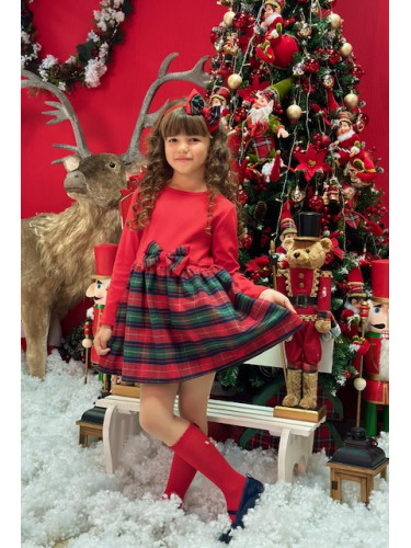 Детска рокля с дълъг ръкав в червено и каре в долната част Карена