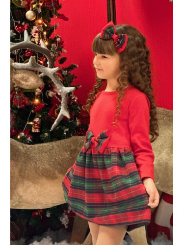 Комплект от 2 части- детска рокля с дълъг ръкав в червено с каре в дол