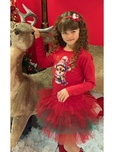 Ватирана коледна детска рокля в червено и зелено с тюл с еленче с шал