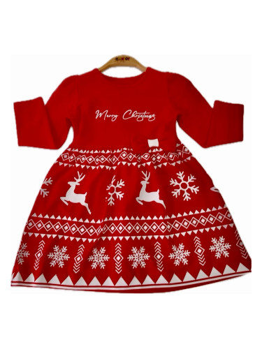 Детска коледна рокля в червено с бели снежинки и еленчета