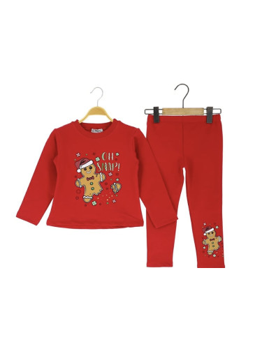 Ватиран коледен детски комплект за момиче в червено от блузка с куки и