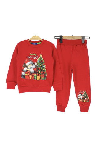 Ватиран коледен детски комплект за момиче в червено от блузка с куки и