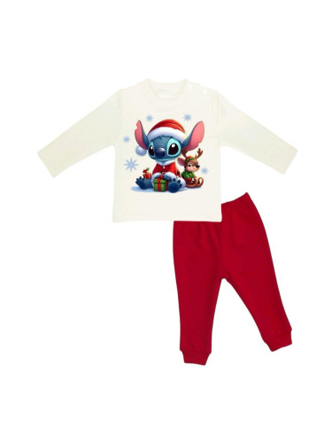 Коледен комплект Stitch и еленче - блуза в екрю и панталон в червено