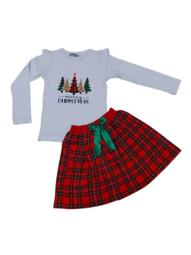 Коледен комплект за момиче от пола каре в червено и блузка в бяло с ел