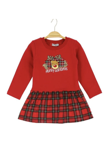 Детска рокля с дълъг ръкав Карена в червено с каре в долната част и е